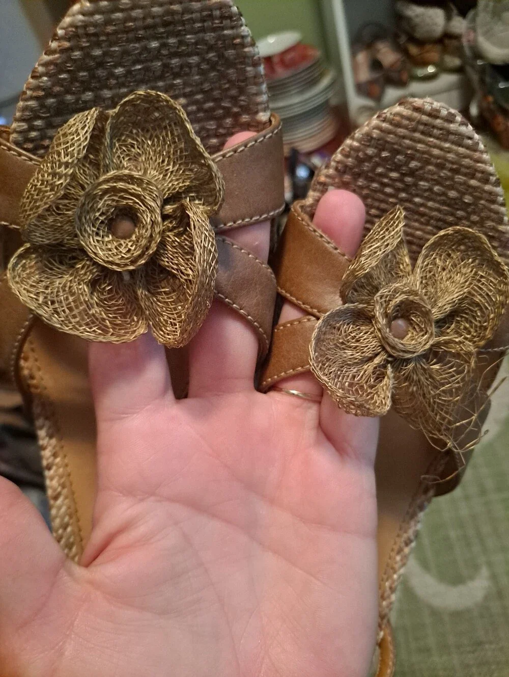 FIONI Clothing Tan Floral Wedge Sandals with Ankle Strap